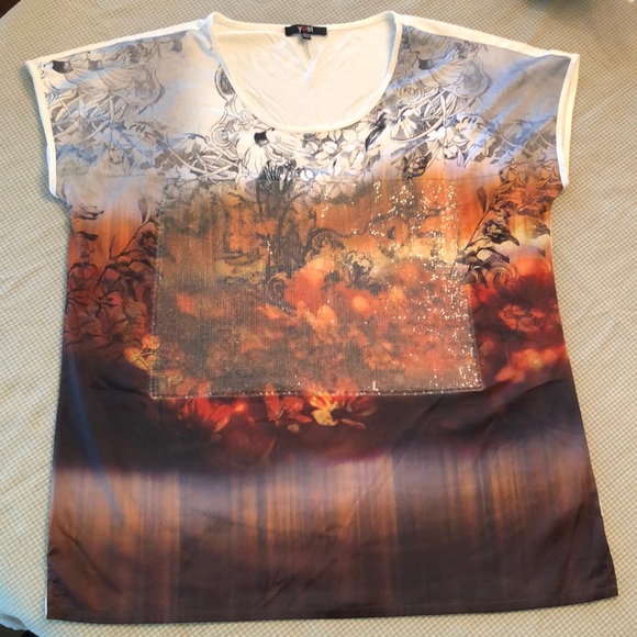 YEST BUUR XL TOP SEQUINNED FRONT PANEL FLORAL ORANGE-WINE ON CREAM & BLACK #359 - Picture 1 of 13